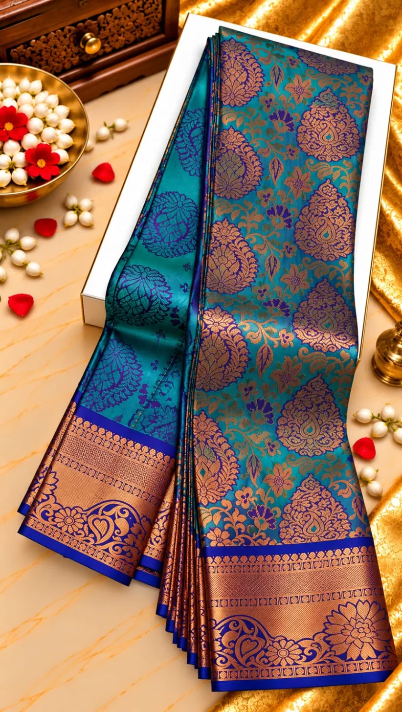 Peacock Blue Mango Jaal Brocade Semi Kanchipuram Silk Saree